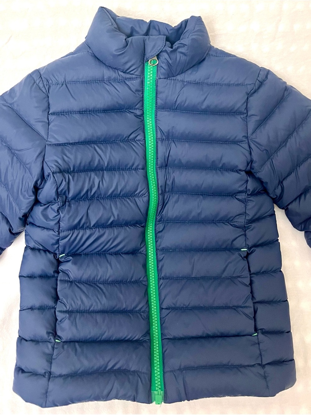 Lands' End Blue Puffer Jacket with Green Zipper